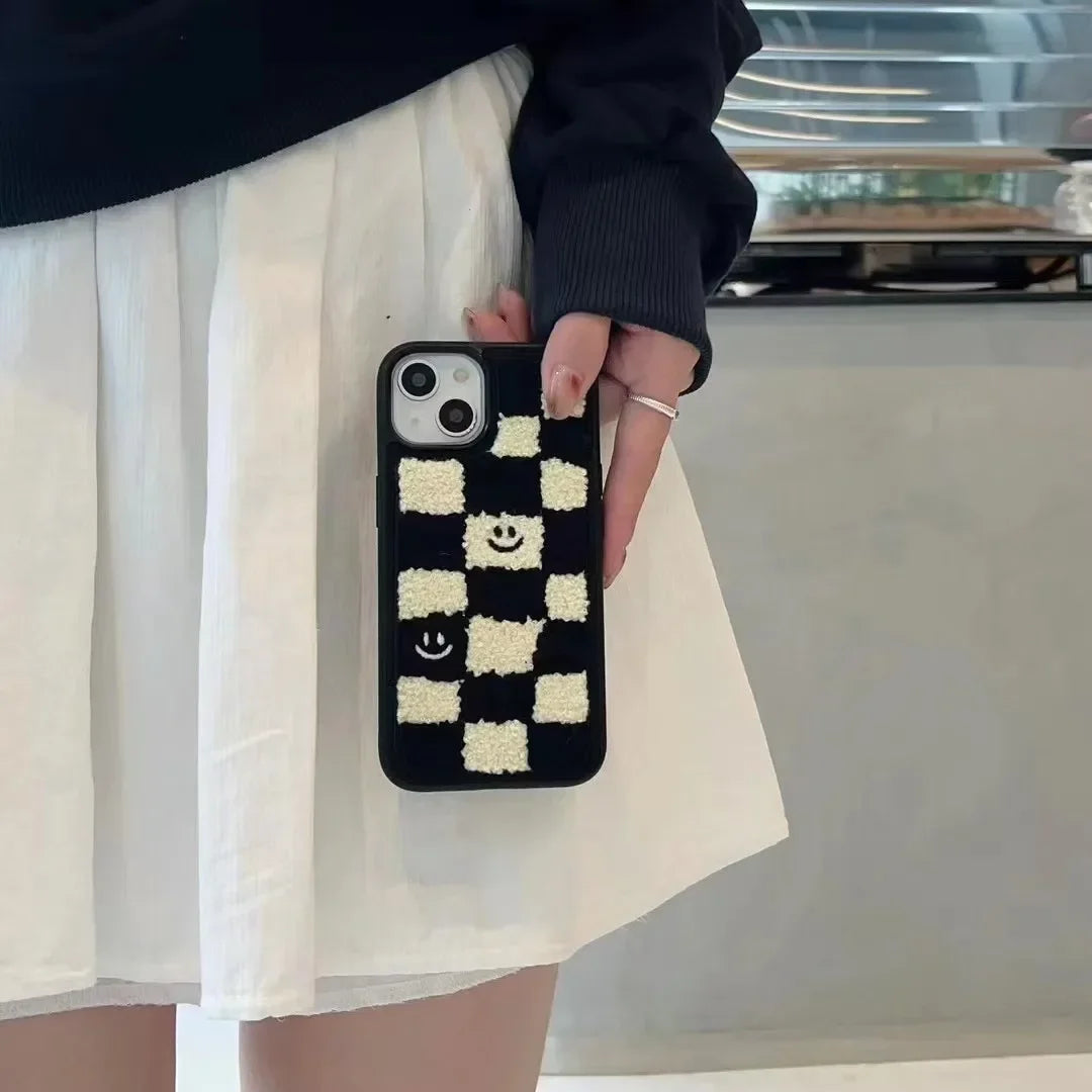 Winter Smile Grid Plüsch-Telefonhülle, warmes Tuch, Stoff, Fell, stoßfeste, weiche TPU-Abdeckung