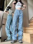 Plaid Splicing Straight Leg Jeans for Women Versatile Korean High Waisted