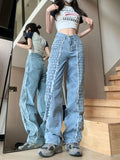 Plaid Splicing Straight Leg Jeans for Women Versatile Korean High Waisted