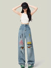 Colored Distressed Wide-Leg Jeans for Women High Waist Summer Trendy