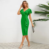 Women's V-neck Ruffled Edge Slim Fit Temperament Dress with Flying Sleeves Vestidos