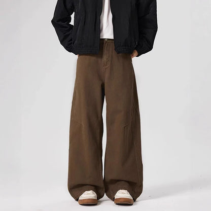 Mens Deconstructed Vintage Jeans Wide Leg Straight Fit Drape Style