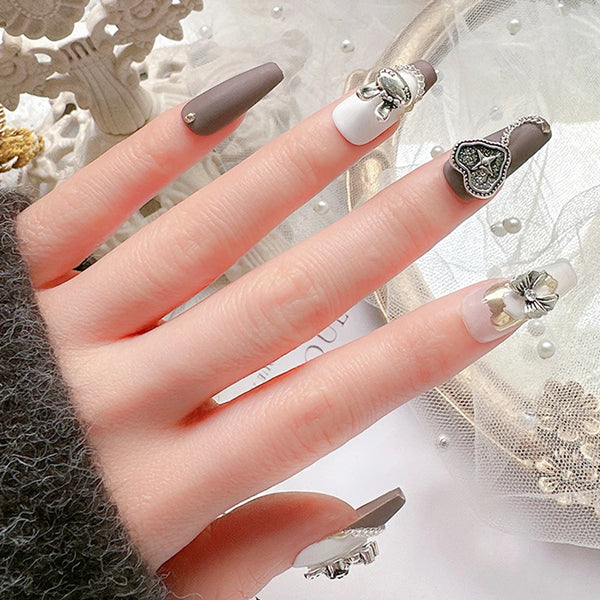10pcs Retro Punk Nail Art Charm 3D Punk Silver Bows Heart Rabbit Dollar