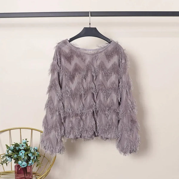 Blouse Women Autumn Wave Shape Furry Tassel Long Sleeve Pullover
