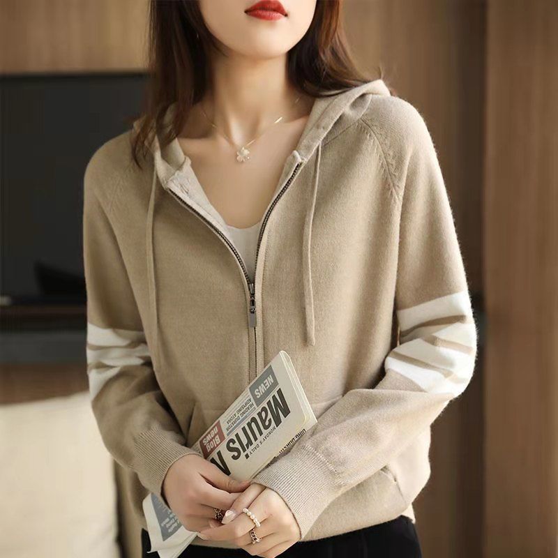 Frauen Hoodies Sweatshirts Lose Mantel Tops Gestreiften Reißverschluss Gestrickt