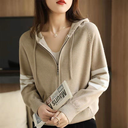 Women Hoodies Sweatshirts Loose Coat Tops Striped Zipper Knitted