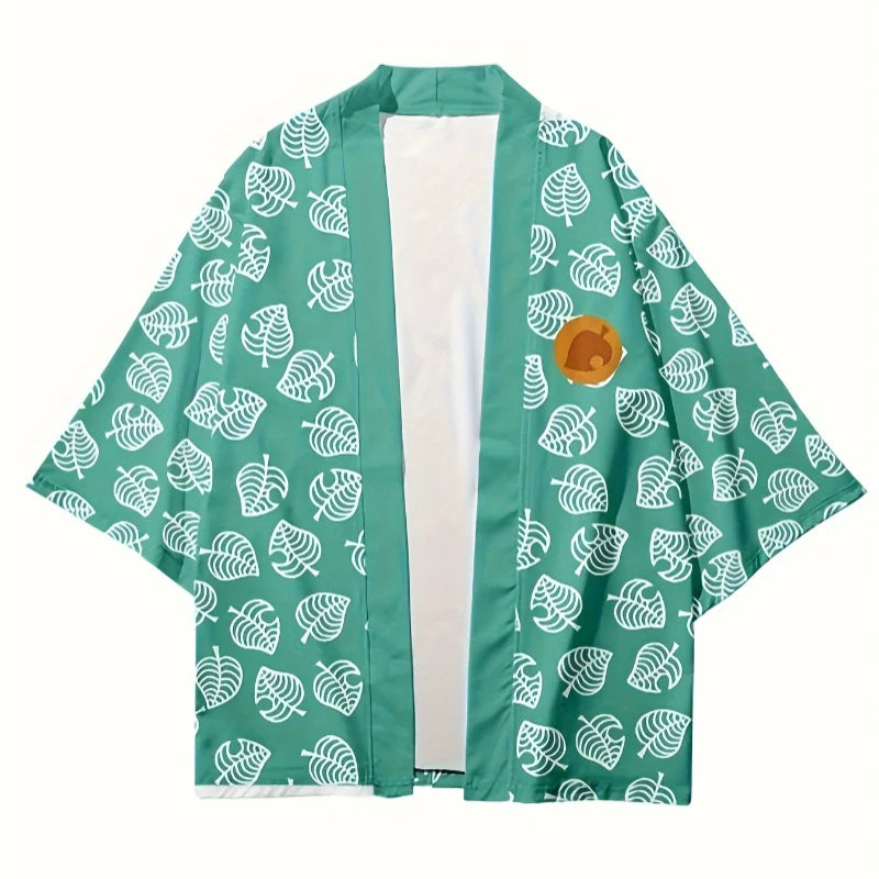 Leaf Print Haori Kimono Cosplay Costume Men Green Japanese Traditional