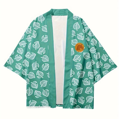 Leaf Print Haori Kimono Cosplay Costume Men Green Japanese Traditional