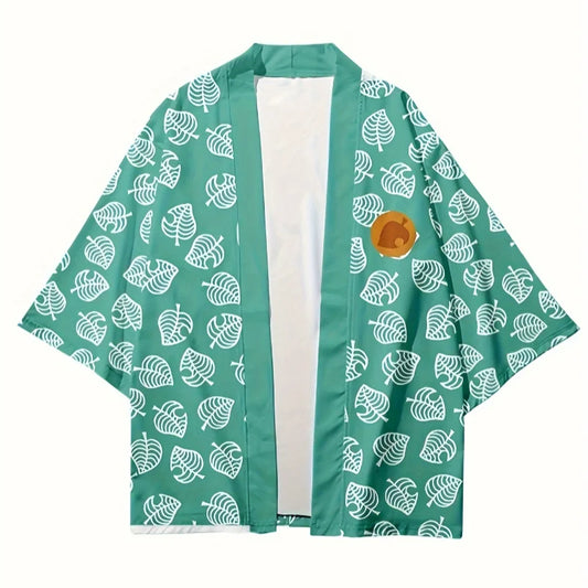 Leaf Print Haori Kimono Cosplay Costume Men Green Japanese Traditional