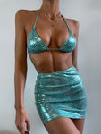 Piece Swimsuits Women Snakeskin High Cut Bikini Set with Beach Skirt