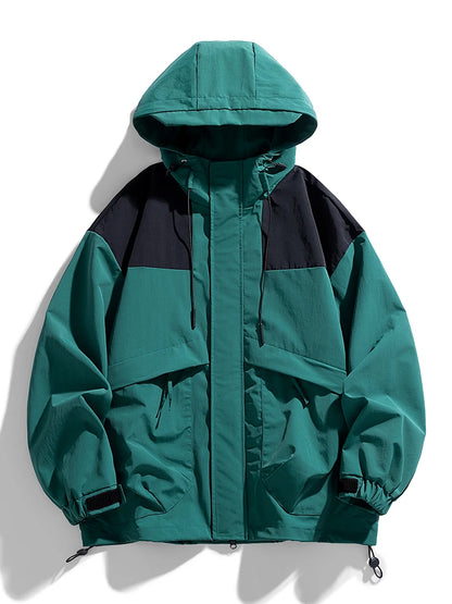 Spring Autumn Patchwork Windbreaker Men Korean Loose Hooded Jacket