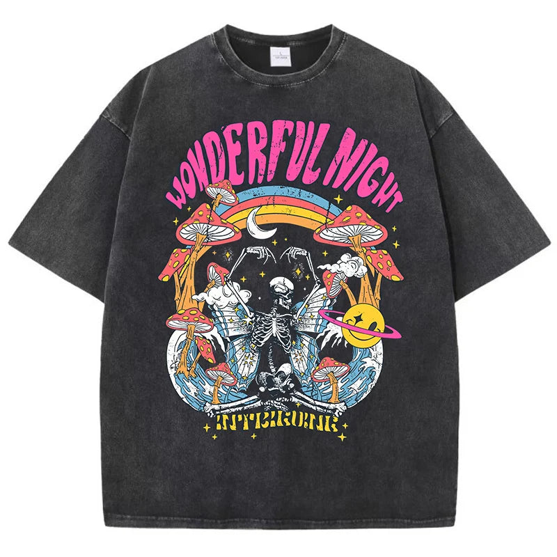 Wonderful Night Skeleton Butterfly Wave Print T-Shirt