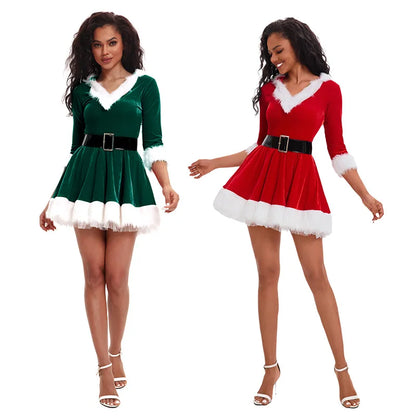 Womens Christmas Dress  Half-sleeve Solid Santa Claus Costume Cosplay