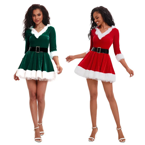 Womens Christmas Dress  Half-sleeve Solid Santa Claus Costume Cosplay