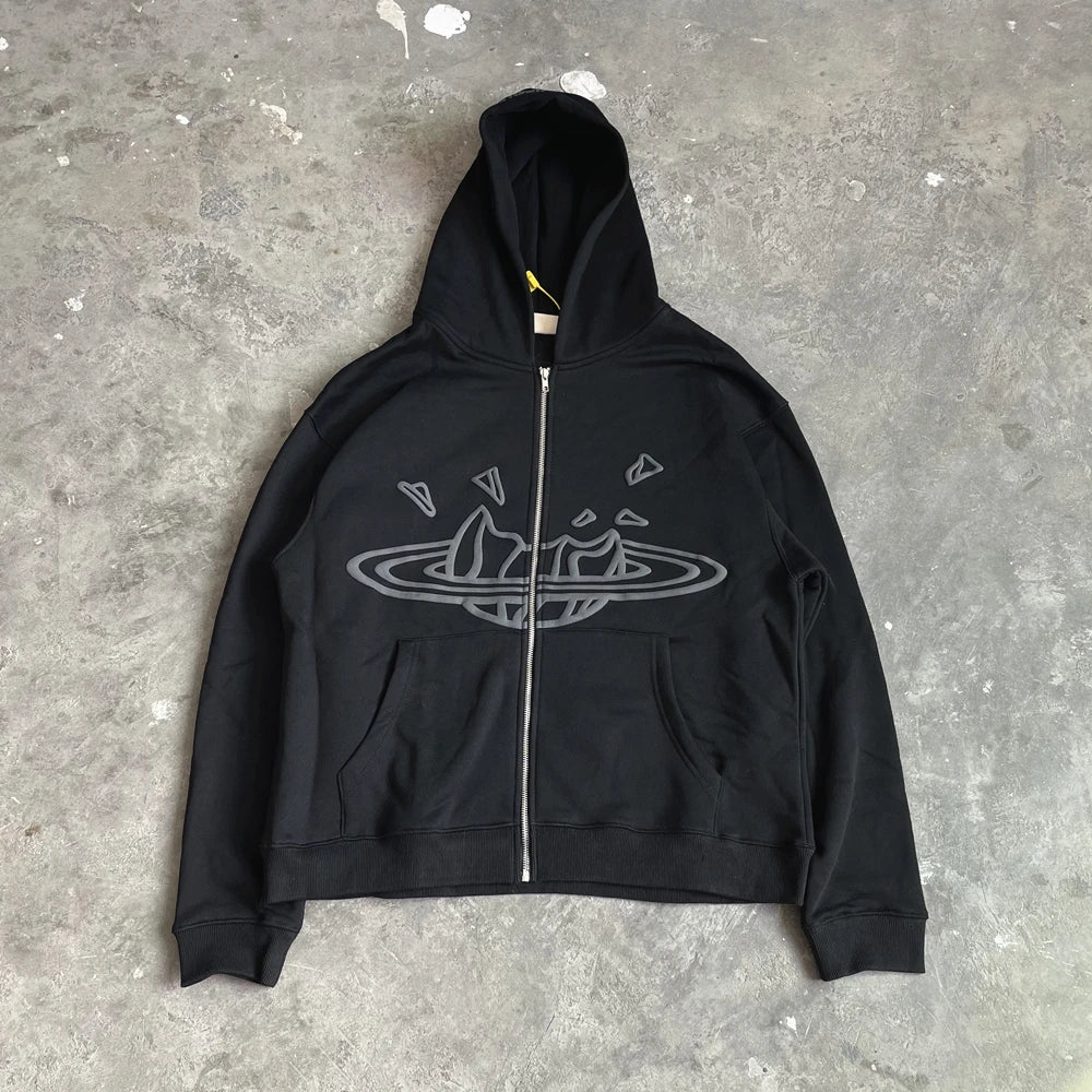 Men’s Oversized Fleece Jacket Yao Broken Brand Streetwear Zip Up