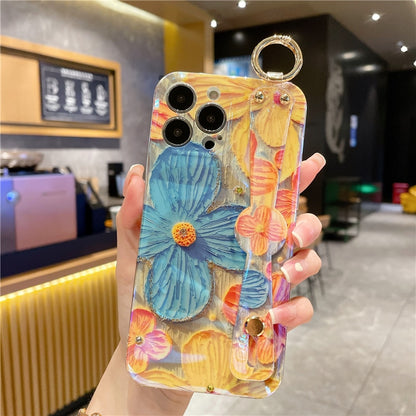 Oil Painting Flower Wirst Strap Holder Phone Case For iPhone Protection Cover