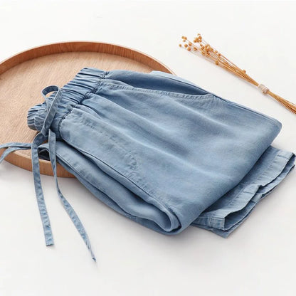 Blue Lyocell High Waist Wide Leg Denim Pants for Women