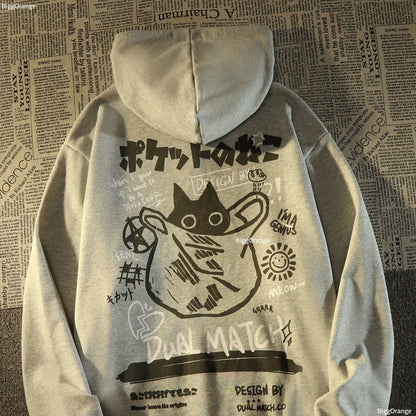 Retro Cat hoodie Streetwear Women Loose Japanese Oversize Silver Fox Velvet Coat - xinnzy