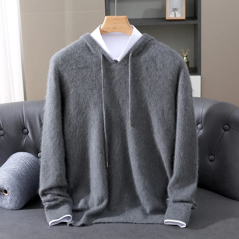 Mens 100 Percent Mink Cashmere Hooded Sweater Pullover Knit Top
