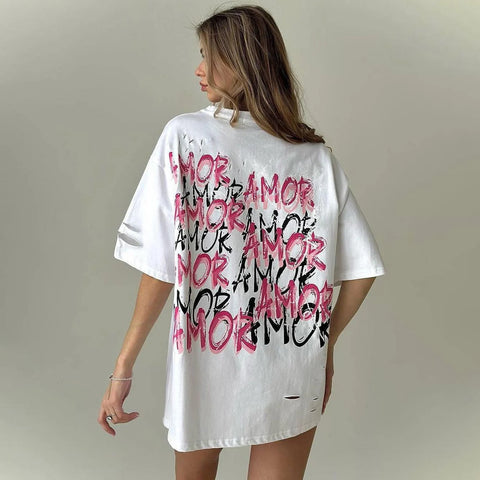 Loose Oversized Tops Letter Print T Shirt Femme 2024