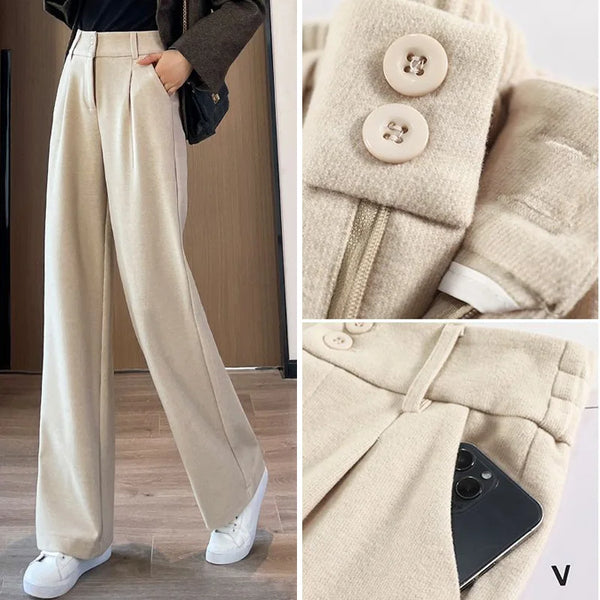Womens Wool Pants High Waist Straight Leg Thickened Winter Trousers