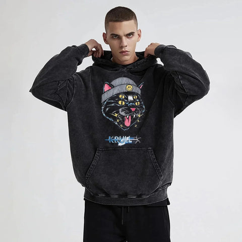 Y2K Krull Pattern Washed Denim Men Hoodie