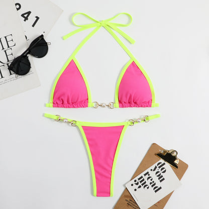 Women Piece Colorblock Chain Swimsuit Tie Halter Neck Micro Bikini Set String Suit