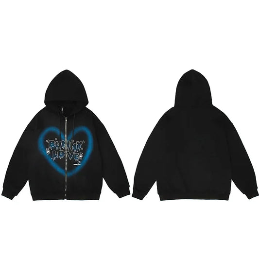 2025 Graffiti Heart Bear Print Hooded Jacket Men