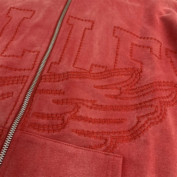 Oversized Red Zip Hoodie Unisex Washed Cotton Embroidered Jacket