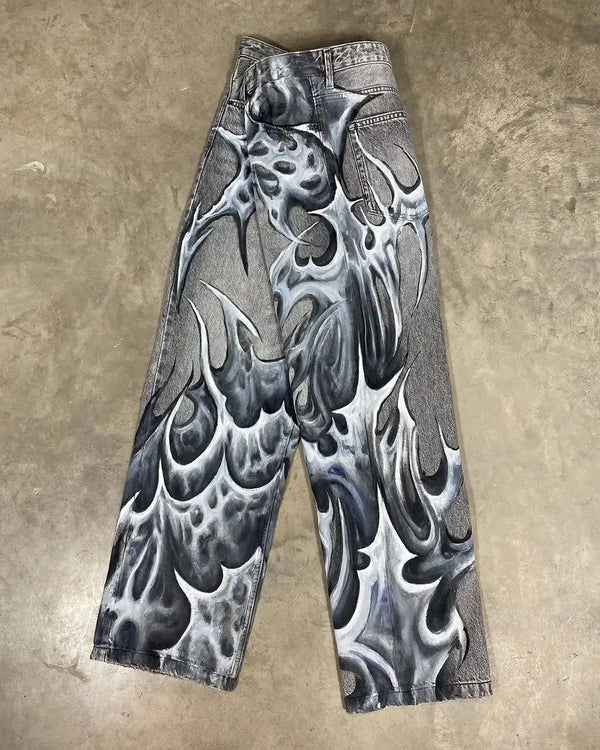 Y2K Street Gothic Flame Print Straight Jeans Men’s Loose Wide-Leg Pants