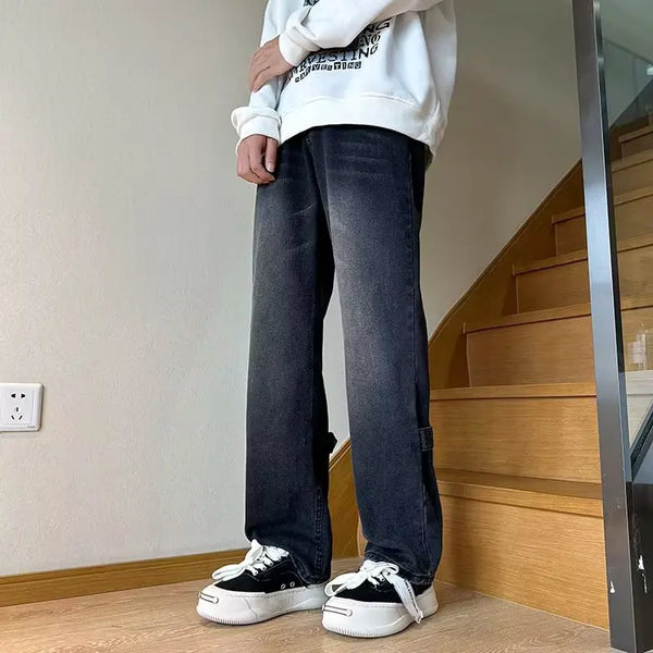 Mens Korean Streetwear Wide Leg Jeans Loose Denim Pants