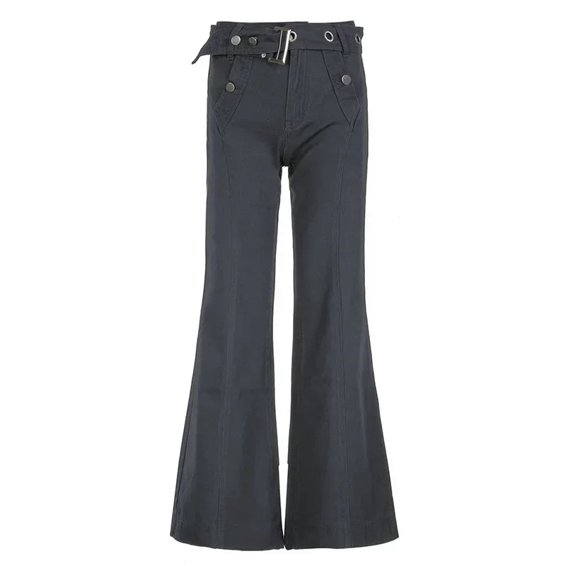 Y2K Low Waist Flare Belted Cargo Jeans Women