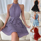 Ruffle Design Dress Halter Neck Dress Casual Sweet Style Dress Grace Sleeveless