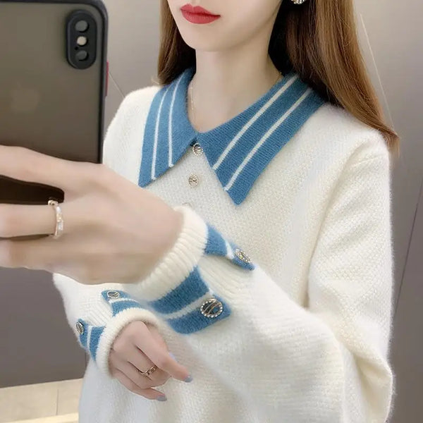 Womens Color Block Sweater Collared Pullover Office Work Knit Top