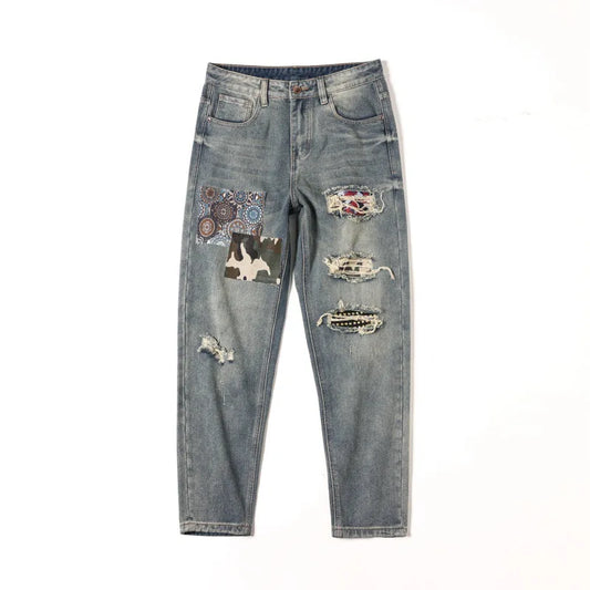 Men’s Hole and Patch Printed Jeans Loose Straight Retro Distressed Denim