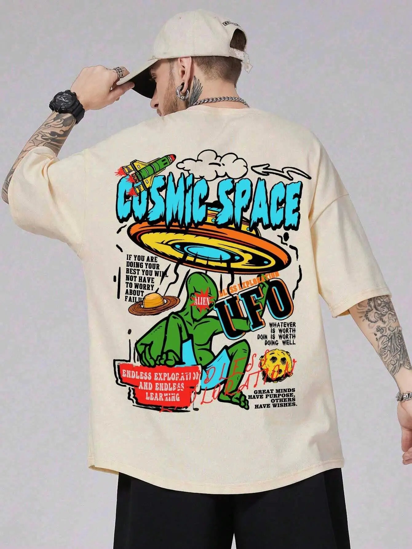 Cosmic Space Ufo Aliens Funny Graphic Printed Fashion Street T-Shirt