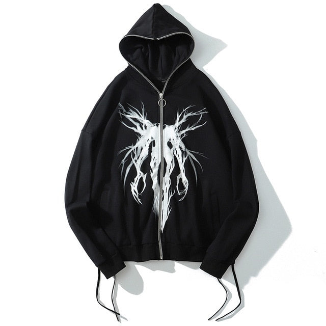 Hoodie Damen Schwarz Übergroßes Kapuzenpullover mit durchgehendem Reißverschluss Goth Grunge