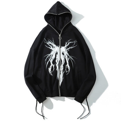 Hoodie Damen Schwarz Übergroßes Kapuzenpullover mit durchgehendem Reißverschluss Goth Grunge