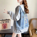 Diamond Patchwork Denim Hoodie Jacket Y2k Thin Zip-up Spring Fall