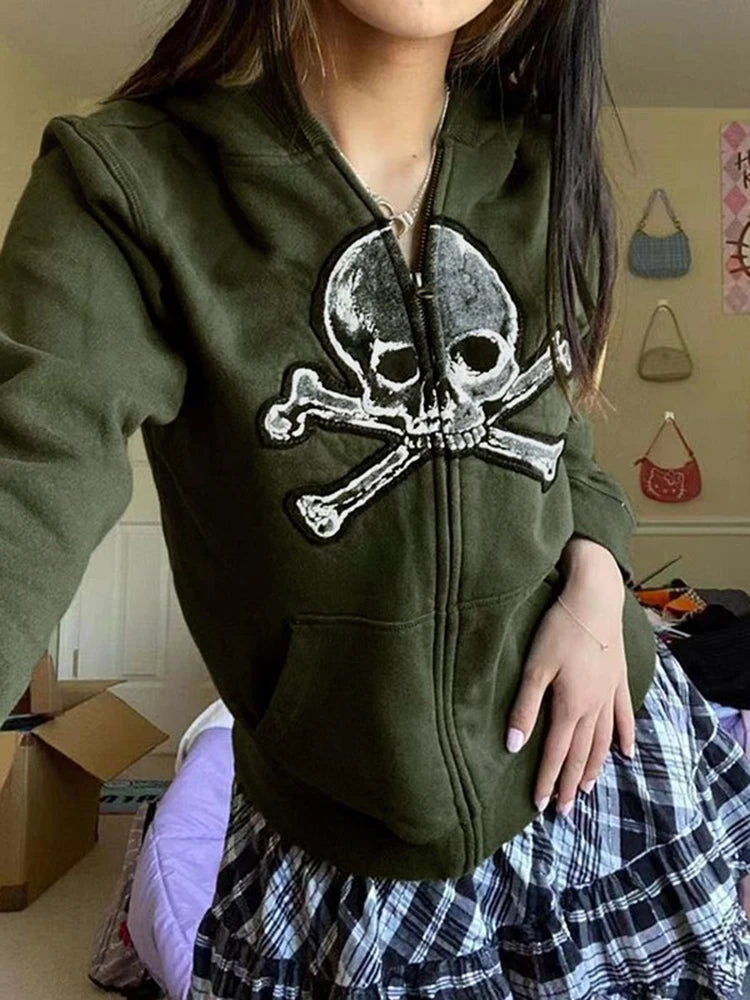 Y2k Oversized Skull Graphic Zip Up Women Hoodie Sweatshirts