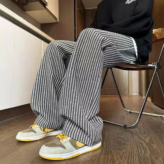 Men's Retro Black Striped Wide Leg Pants Loose Drawstring Trousers