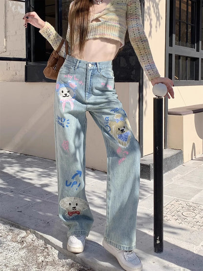 2024 New Straight Cartoon Graffiti Printed Jeans Women's