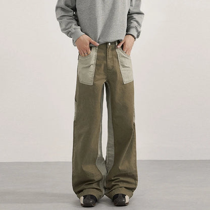 Mens Vintage Cargo Pants Contrast Patchwork Washed Straight Leg Fit