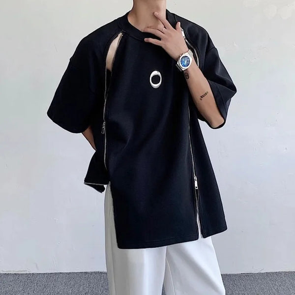 Mens Oversized Streetwear Tee Double Zip Hip Hop Harajuku Shirt