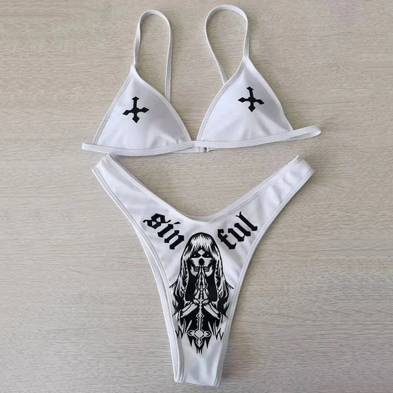 Y2K Goth Bikini Set - Sommerurlaubs-Badeanzug mit Totenkopf-Print