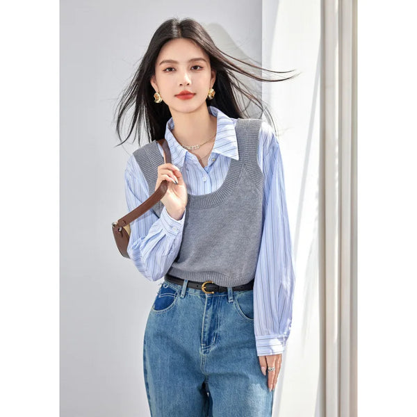 Womens Striped Knit Polo Shirt Two Piece Set Elegant Office Autumn