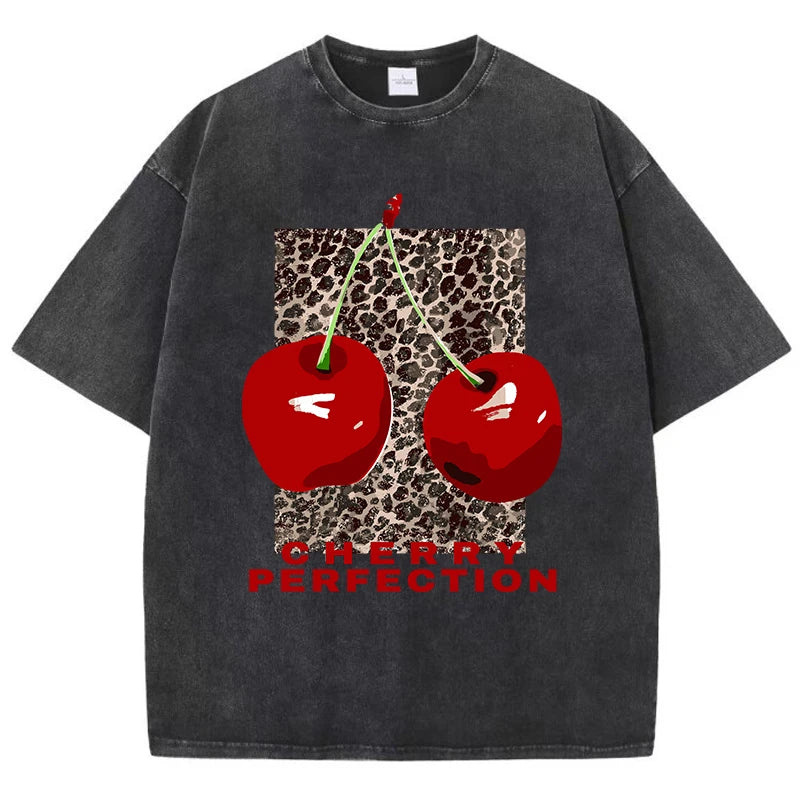 Cherry perfection Washed T Shirt Women Cotton Leopard Prints Oversize