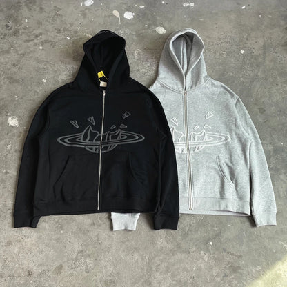 Men’s Oversized Fleece Jacket Yao Broken Brand Streetwear Zip Up