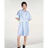 Women Shirt Dress Short Sleeve with Buttons H shape Loose Embroidery Preppy Style - xinnzy