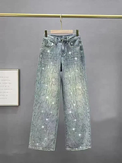 Y2K Rhinestone High Waisted Wide Leg Denim Pants